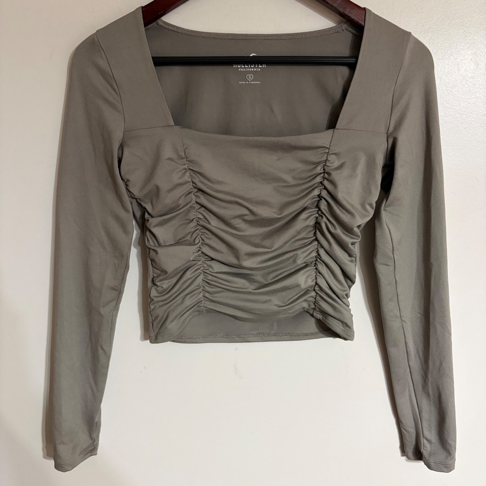 Hollister Women Gray Ruched Front Square Neck Long Sleeve Crop Top Size S